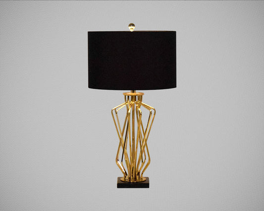 Table lamp in gold finish and marble base with a black fabric shade in ultra modern design. large