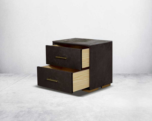 The bedside table comes with a fully upholstered and grey marble top with open 2 drawers with matt gold base & handles in modern classic design.