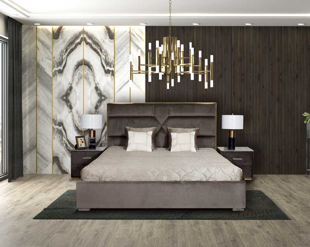 The bedside table comes with luxury bed a fully upholstered and grey marble top with 2 drawers with matt gold base & handles in modern classic design.