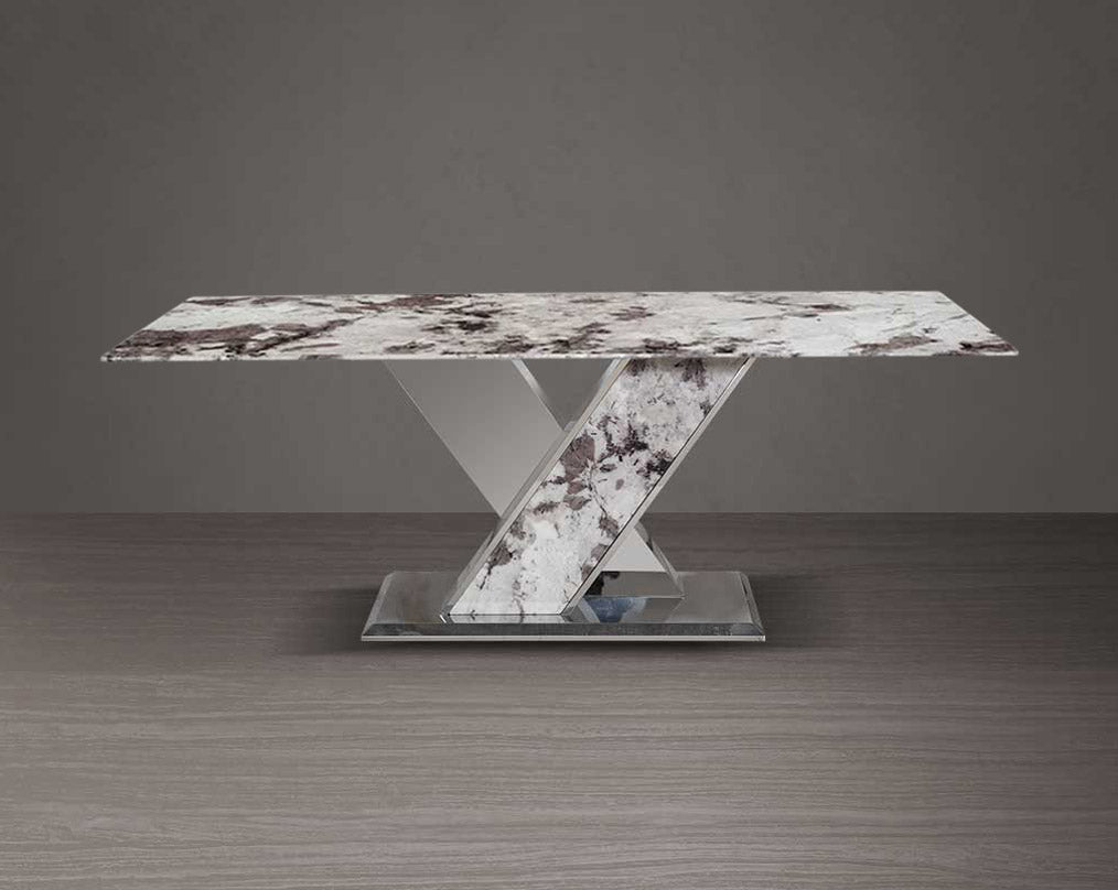 This stylish 8-seater rectangular dining table with a natural white marble top and a glistening stainless steel crisscross base. Its genuine marble top adds a refined touch to your décor