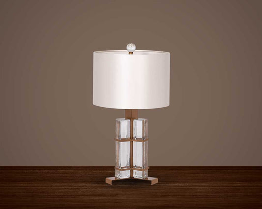 Table lamp in coffee bronze and glass with white translucent fabric shade in ultra modern design..