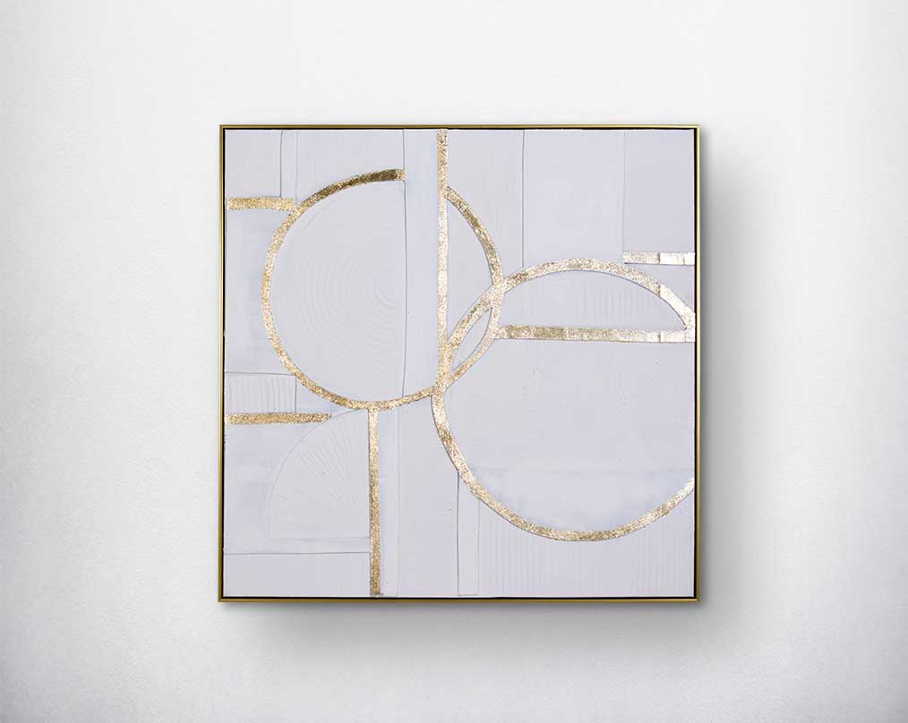 Abstract acrylic painting on canvas with gold frame perfect to enhance any modern and contemporary space.
