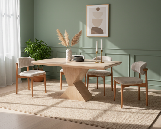 Dining room with wooden table and chairs against a green wall.