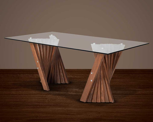 6 seater rectangle dining table with clear glass top and walnut veneer wood base.