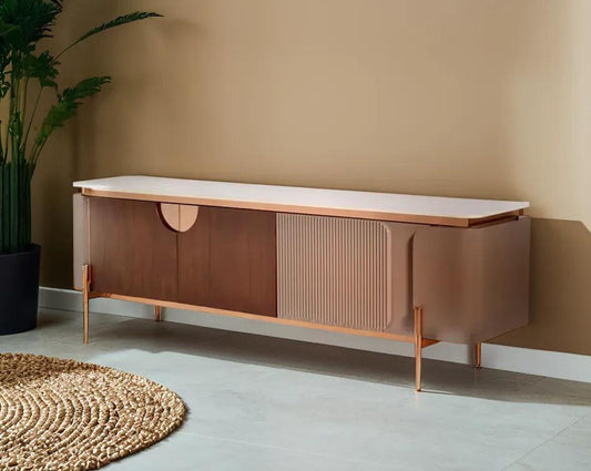 T.V. Unit in matt walnut veneer & high-quality matt paint with white sintered stone top and high polished rose gold plated stainless steel base & legs in modern design living room