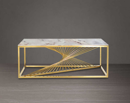 Coffee table with marble finish glass top and gold plated stainless steel base in a geometric pattern front view
