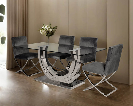 This 6 & 8 seater dining table with clear tempered glass top comes with an artful abstract stainless steel base.The stainless steel base echoes an opulent and sophisticated modern style and stands out in any ambience.
Dining chair upholstered in fabric w