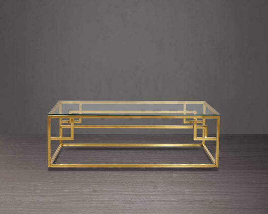 This tempered clear glass coffee table The table features an elegant and sophisticated design with a gold-plated stainless steel frame in a geometric contemporary design. front view