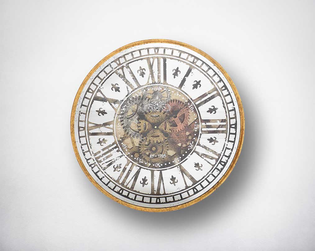 Wall Clock in antique champagne mirror finish with roman numerals.