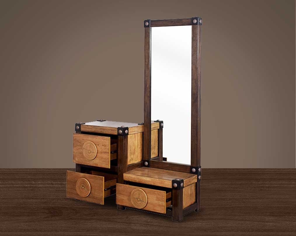 Dresser in wood & oak veneer with open 3 drawers and a mirror.