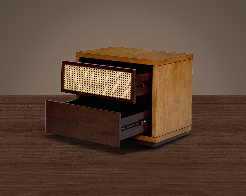 Bedside table with open one drawer in dark walnut & oak veneer and one bamboo knitted drawer.