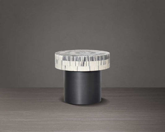 This gorgeous antique black and white inlay end table with a black metal base is a perfect statement piece in your living room - large