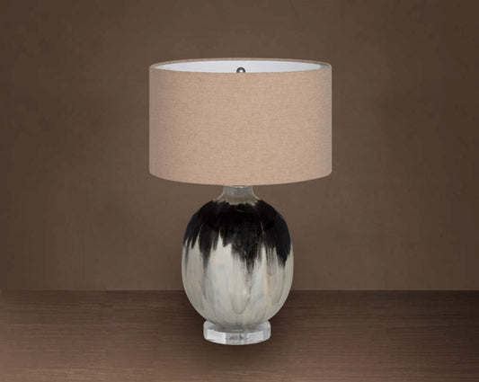 Glass Table lamp in Melting Moss Enamel feel with translucent beige fabric shade.