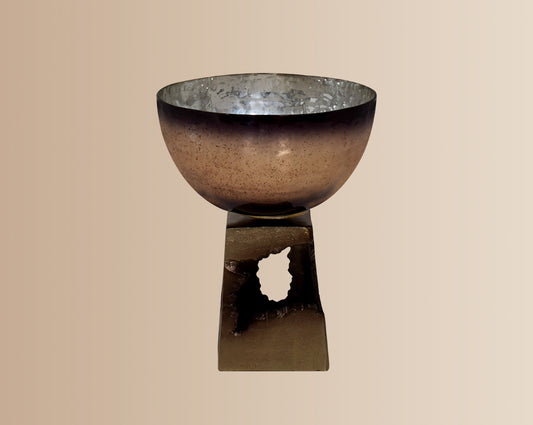 Bowl in champagne & bronze luster glass and antique gold aluminum decorative base large