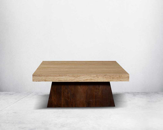 This stylish square coffee table is an embodiment of rustic luxury. It is cast in travertine Italian marble with a wooden conical base front view