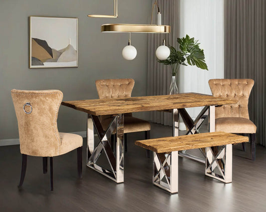 6 seater rectangle dining table with sleeper wood top which has been recycled from railway tracks in a rustic and natural finish with stainless steel base. dining chair upholstered in fabric with tufted back and birchwood legs. Stainless steel decorative