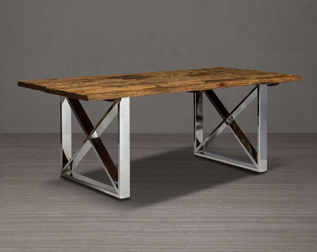 8 seater rectangle dining table with sleeper wood top which has been recycled from railway tracks in a rustic and natural finish with stainless steel base.