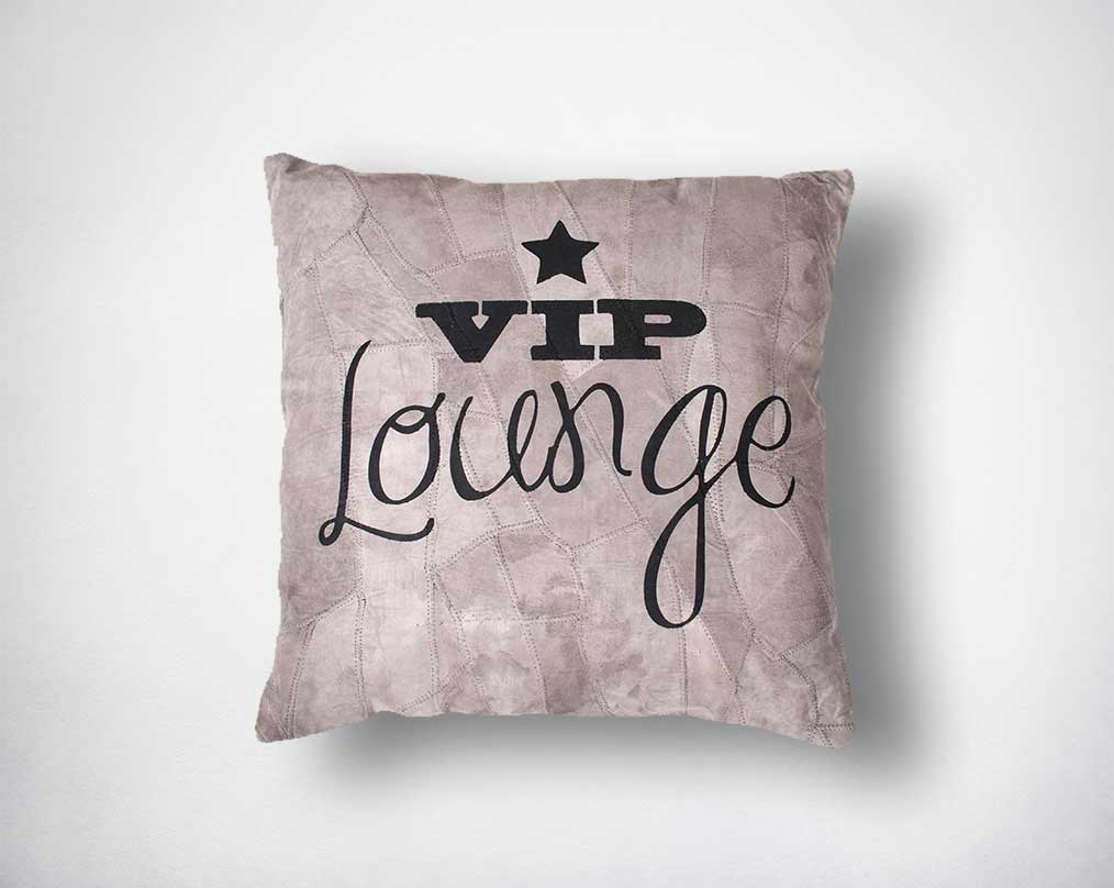 Patch suede leather cushion with vip lounge print