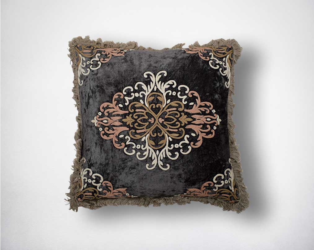 White, pink & brown with felt fringes embroidered rayon velvet & poly silk cushion.