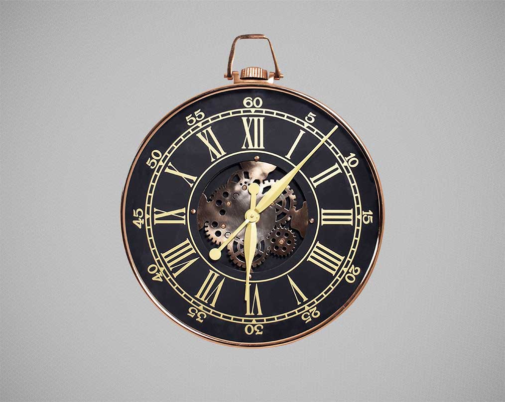 Round wall clock in black and rose gold with roman numerals.