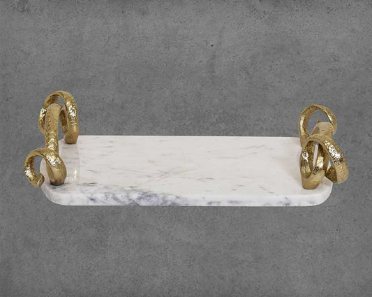 Marble Platter/ Cheese board in white with lustrous gold-finished handles.