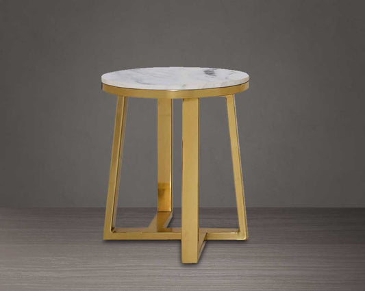 Round end table with natural marble top and titanium gold plated stainless front view.
