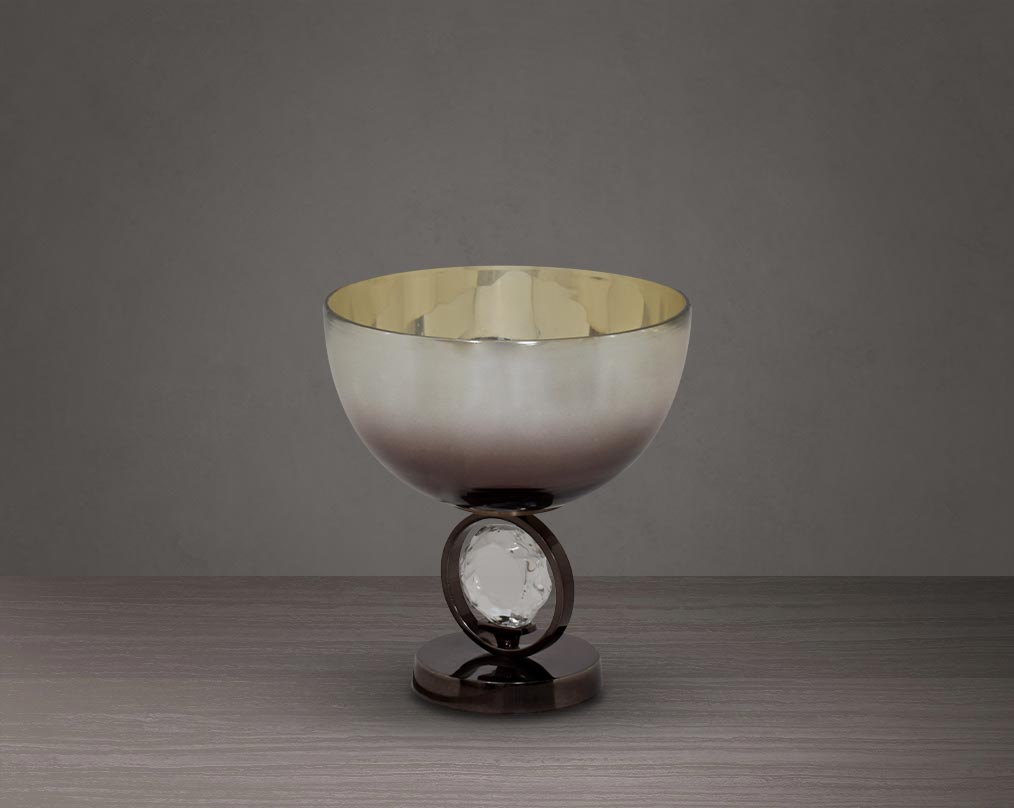 Decorative bowl in brown luster glass and antique nickel plated aluminium & acrylic decorative base.