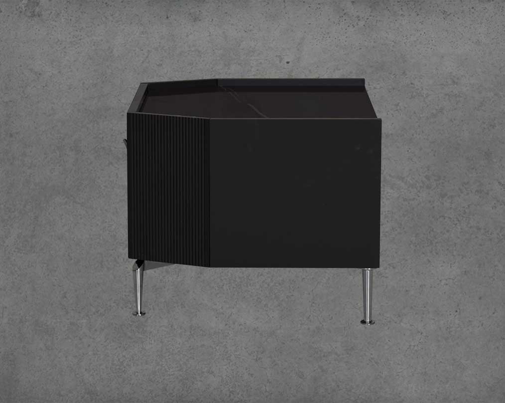 The gorgeous bedside table is in a black glossy finish with a spacious behind drawer with stainless steel handle & base.