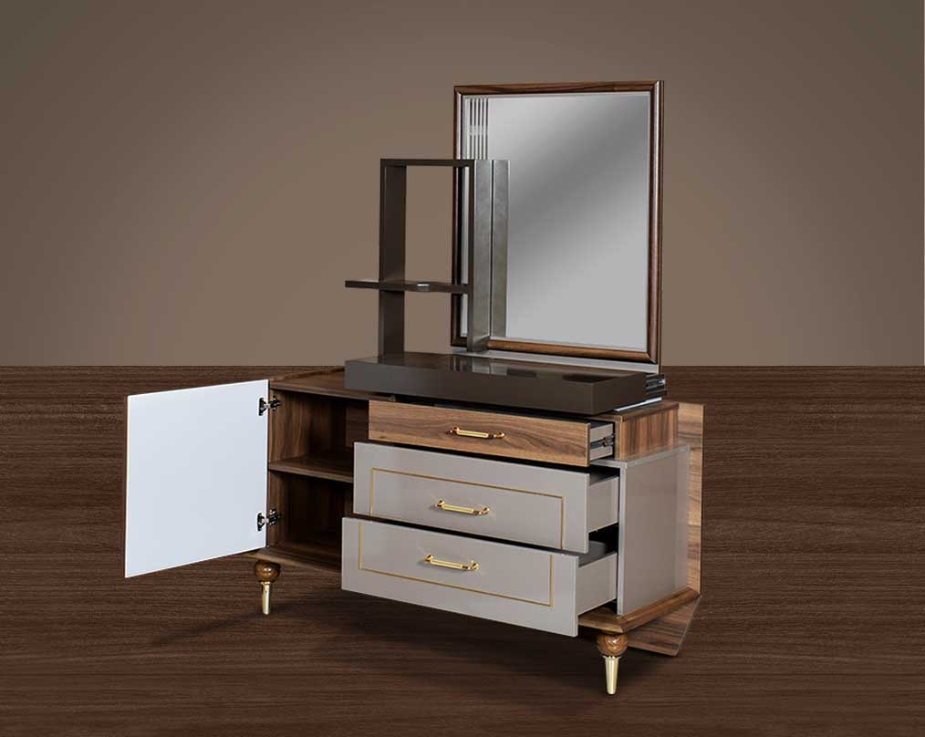 It has a unique extra storage space which slides out, it has open 3 drawers & cabinet storage.