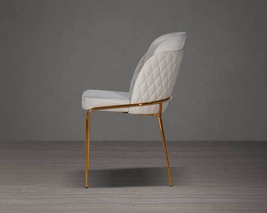 designed chair with side view criss-cross stitch padded fabric in gold finish stainless steel legs in contemporary design.