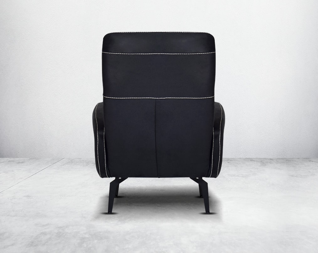 armchair upholstered in fabric with stainless steel black plated legs in modern classic design with back view