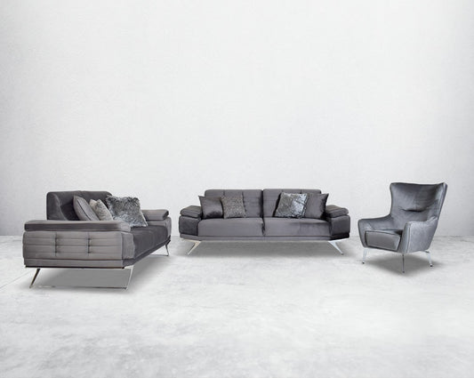 The set comes with 3 cushions to compliment it. Beautifully crafted wing armchair upholstered in fabric with tufted back and high gloss stainless steel legs in modern classic design.