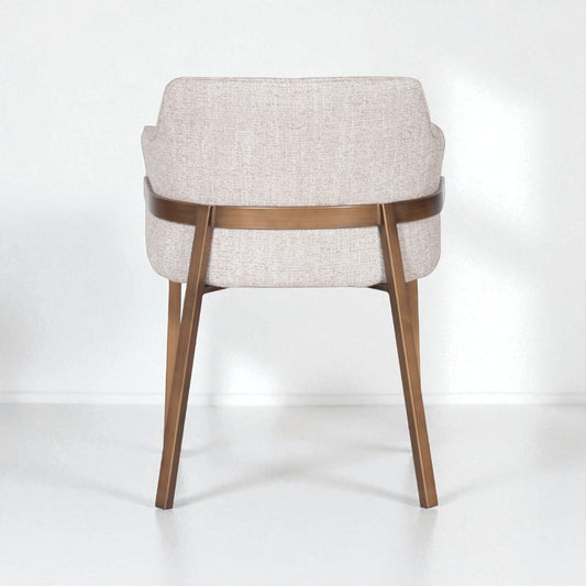 Chair with beige cushioned seat and wooden frame on a white background