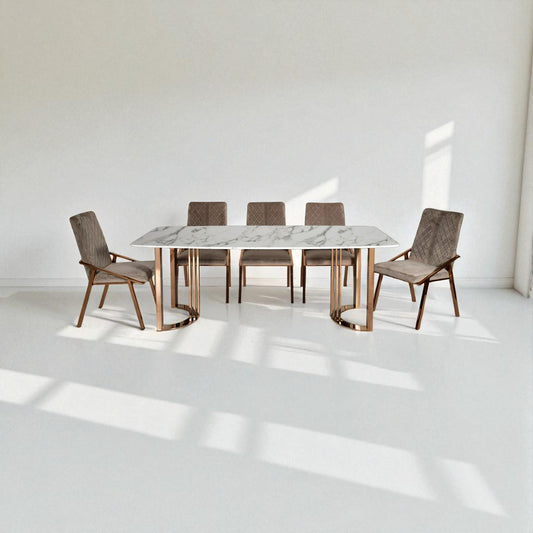 Dining table with six chairs in a minimalistic room