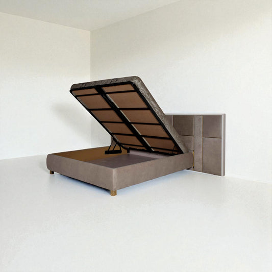 Bed with raised headboard on a white background