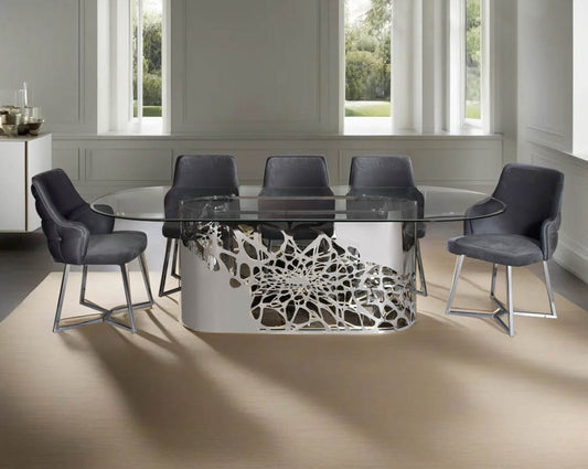 This exquisite & beautiful dining table with an artistic laser cut base in glossy stainless steel this soft, cushioned dining chair features an extraordinary contemporary design with tufted back and cushioned seat with stainless steel legs