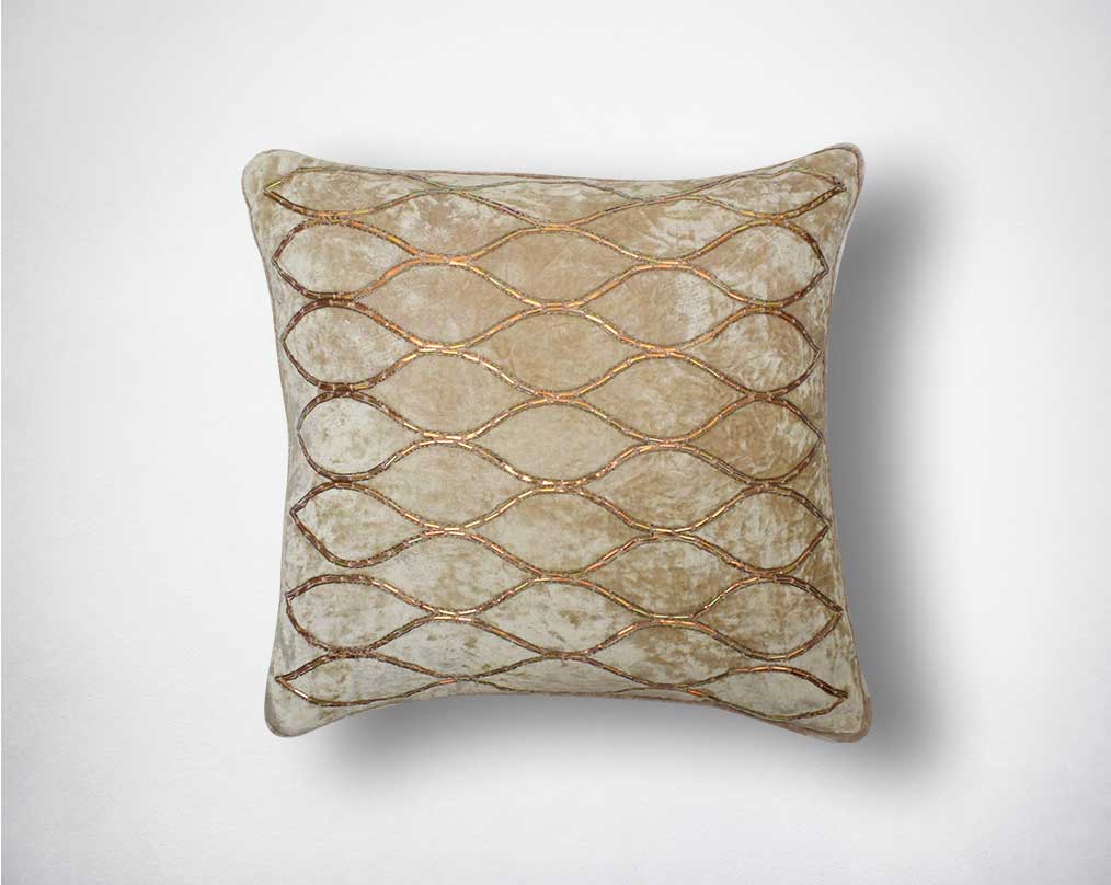 Shiny gold beaded poly silk embroidered cushion.