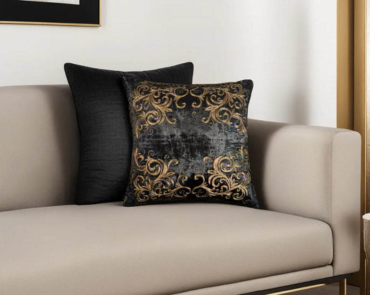 Brown and antique gold velvet and poly silk embroidered 2 cushion.
