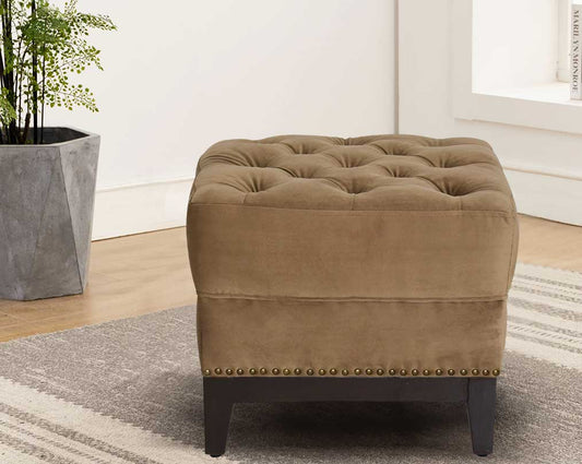 Ottoman upholstered in velvet fabric fully tufted plant with walnut wood legs which offers a contemporary glamorous touch highlighting your decor space.