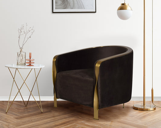This classic, unique chair is sure to make an exquisite statement in your living space, it is upholstered in luxe brown velvet fabric & its legs
Both its metal leg stands with a gold brush finish are twisted to perfection adding more flair and distinct q
