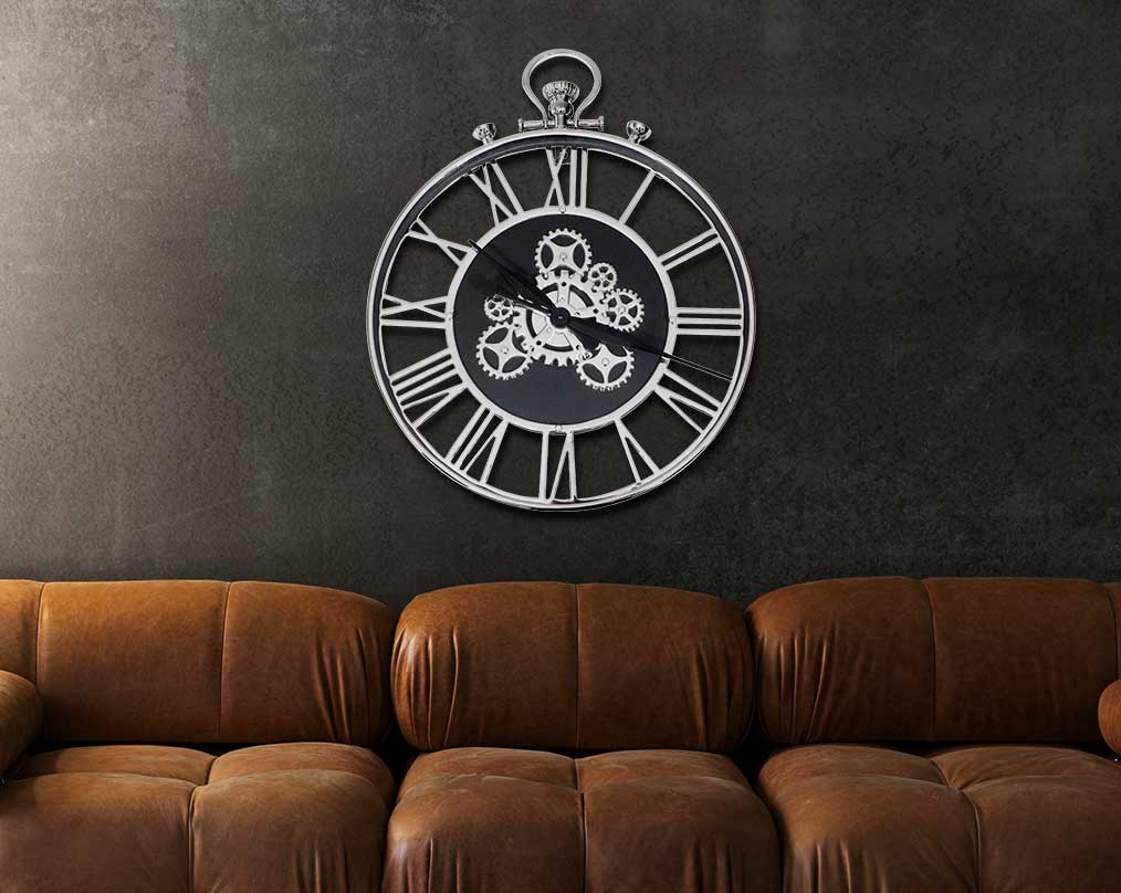 Nickel round wall clock with sofa set in roman numerals