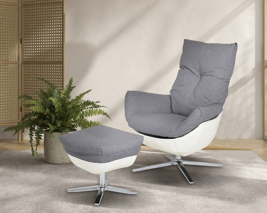 This lounge chair and ottoman set is designed to serve as the epitome of comfort for your leisure time. The chair is made with pant dense foam padding, comes finely upholstered in fabric with faux leather and stainless steel base with swivel. The lounge