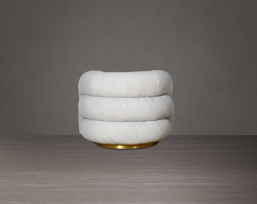 This modern chic 1 sofa back with  in soft form upholstered in high-quality fabric crafted like soft bun with puffy rounded/ tubular back & armrest with stainless steel velvet brushed gold base is a design