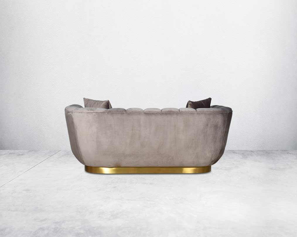 This gorgeous neo-classic 2  seater back sofa is upholstered in high-quality velvet fabric with a vertical quilted backrest that accentuates simplicity and comes with 6 beautiful cushions to compliment.