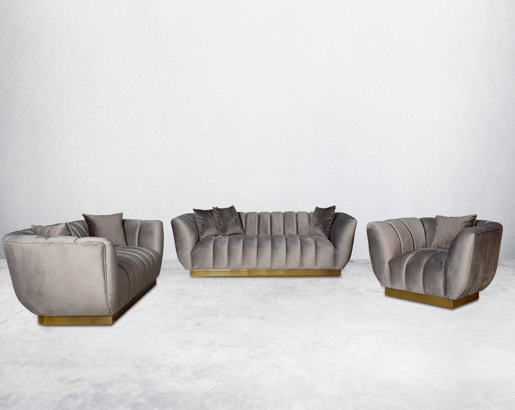 This gorgeous neo-classic 3+2+1 seater sofa is upholstered in high-quality velvet fabric with a vertical quilted backrest that accentuates simplicity and comes with 6 beautiful cushions to compliment.