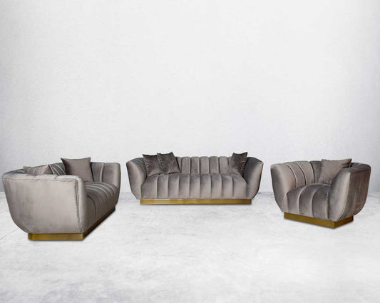 This gorgeous neo-classic 3+2+1 seater sofa is upholstered in high-quality velvet fabric with a vertical quilted backrest that accentuates simplicity and comes with 6 beautiful cushions to compliment.