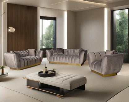 This gorgeous neo-classic 3+2+1 seater sofa is upholstered in high-quality velvet fabric with a vertical quilted backrest that accentuates simplicity and comes with 6 beautiful cushions to compliment.