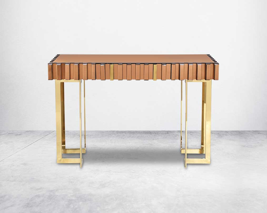 The table has one drawer with rectangular wall mirror with gold mirror border & stainless steel frame in rich contemporary design front view
