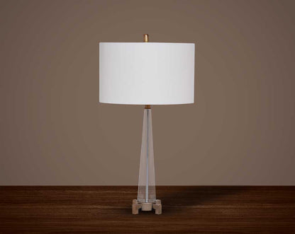 Table lamp with crystal and bronze metal decorative base with translucent fabric shade in ultra modern design