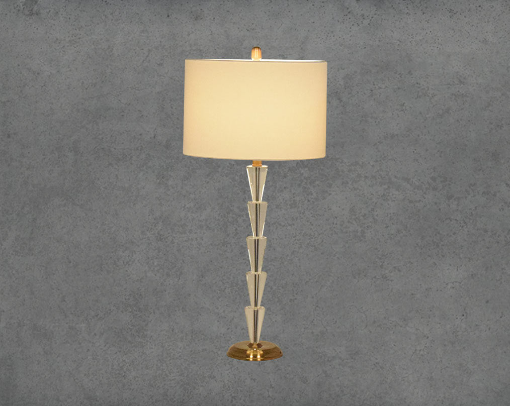 Table lamp with crystal and bronze metal stand base with translucent fabric shade in ultra modern design